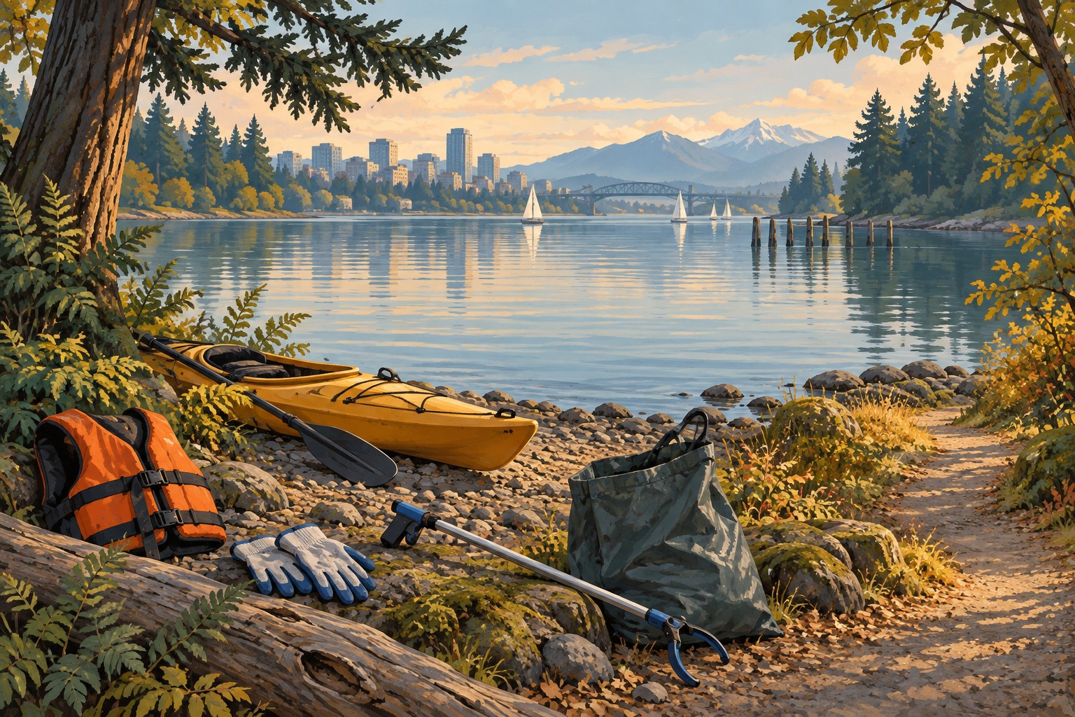 Illustrated kayak, life jacket and cleanup tools beside an imagined Pacific Northwest shoreline.