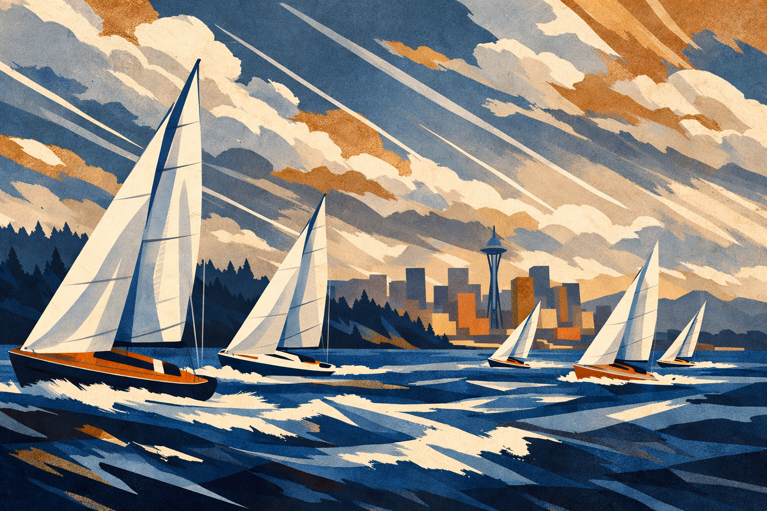 Editorial illustration of racing sailboats rounding a mark on Puget Sound.