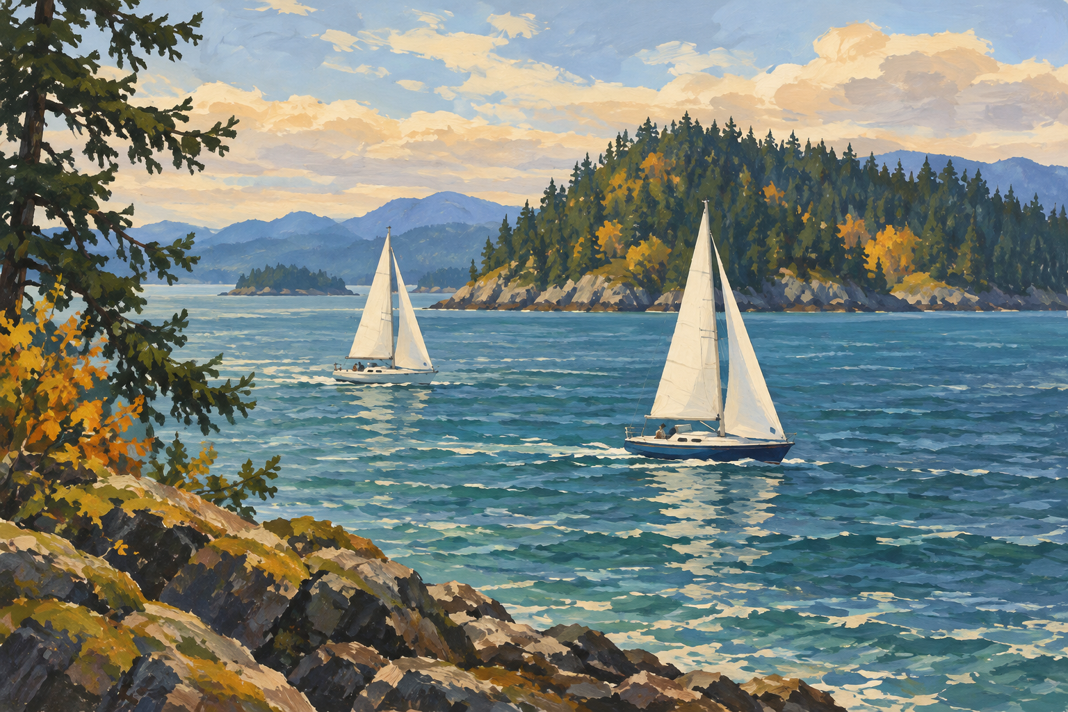 Illustration of two sailboats beside a forested Pacific Northwest island.